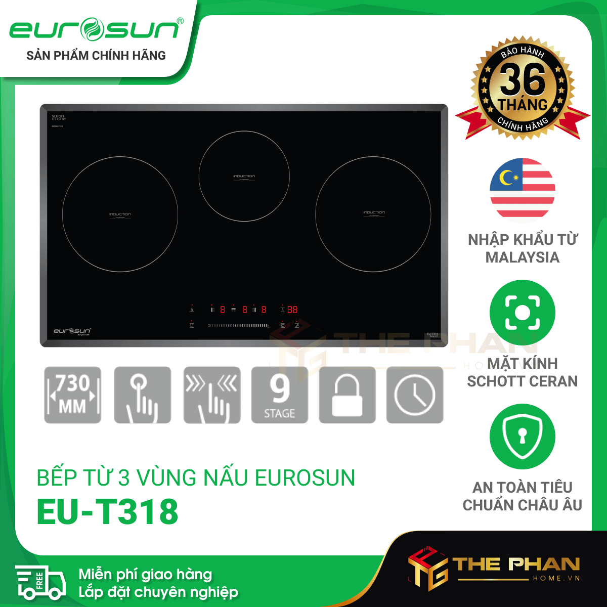Bếp Từ 3 Vùng Nấu Eurosun EU-T386Max - Inverter thông minh, Nhập khẩu chính hãng